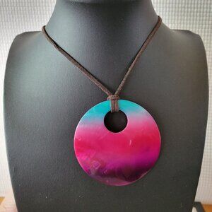 Large Circular Ombre Disc Abalone Shell Charm Pendant Cord Necklace